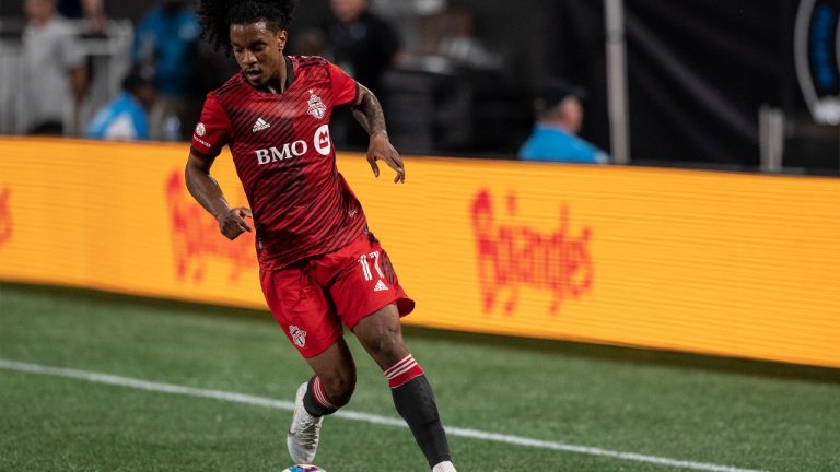 Toronto FC forward Jayden Nelson brings the ball upfield during the first half of an MLS soccer match against Charlotte FC, Saturday, Aug. 27, 2022, in Charlotte, N.C. (Matt Kelley/AP)