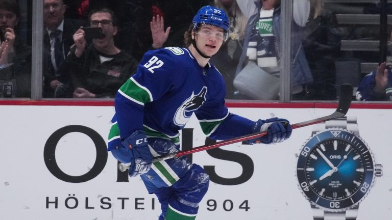 Vancouver Canucks' Vasily Podkolzin celebrates his goal against the Arizona Coyotes during the second period of an NHL hockey game in Vancouver, on Thursday, April 14, 2022. (Darryl Dyck/CP)