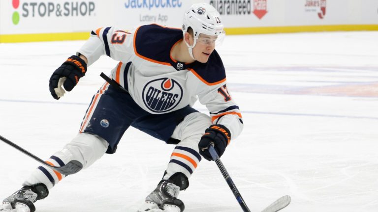 Edmonton Oilers right wing Jesse Puljujarvi (13) skates during the first period of an NHL hockey game against the New York Islanders, Saturday, Jan. 1, 2022, in Elmont, N.Y. (Corey Sipkin/AP)