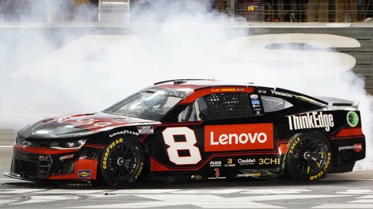 Tyler Reddick burns his tires after winning the the NASCAR Cup Series auto race at Texas Motor Speedway in Fort Worth, Texas, Sunday, Sept. 25, 2022. (Larry Papke/AP)