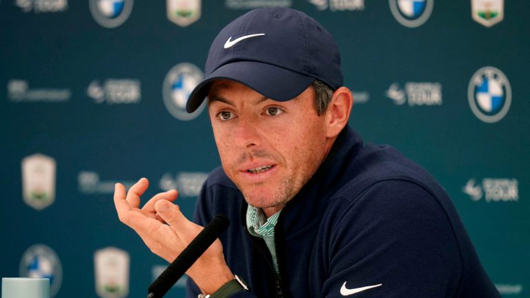 Golfer Rory McIlroy speaks at a press conference during the Pro-Am ahead of the BMW PGA Championship at Wentworth Golf Club, Virginia Water, Surrey, England, Wednesday, Sept. 7, 2022. (Adam Davy/PA via AP) 