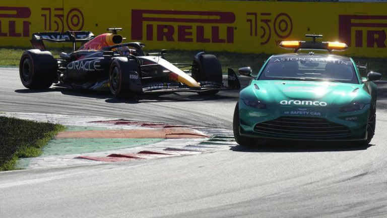 Red Bull driver Max Verstappen of the Netherlands steers his car behind safety car during the Italian Grand Prix at the Monza racetrack. (Luca Bruno/AP)
