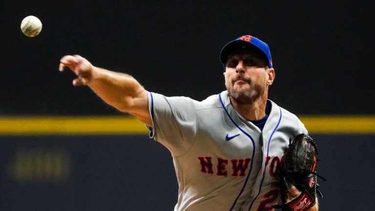 New York Mets starter Max Scherzer throws during the sixth inning of a baseball game against the Milwaukee Brewers Monday, Sept. 19, 2022, in Milwaukee. (Morry Gash/AP)