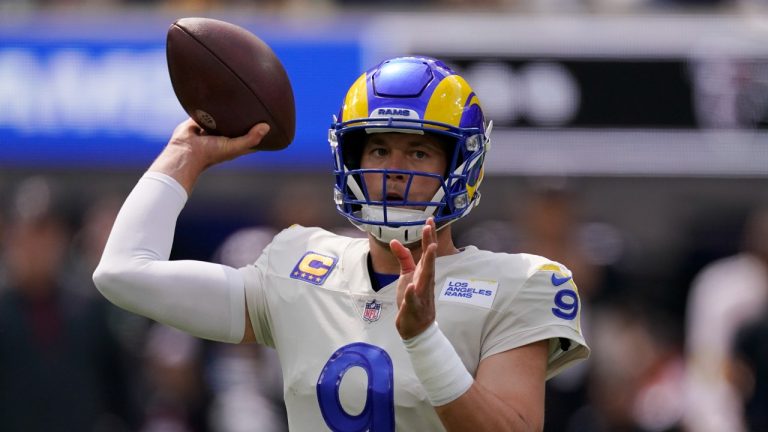 Los Angeles Rams quarterback Matthew Stafford throws a pass during the first half of an NFL football game against the Atlanta Falcons, Sunday, Sept. 18, 2022, in Inglewood, Calif. (Mark J. Terrill/AP)