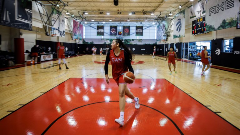 Natalie Achonwa dribbles a ball during Canada's senior women's national team practice in Toronto, Friday, July 8, 2022. (Cole Burston/CP)