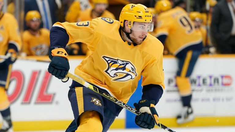 FILE - Nashville Predators' Yakov Trenin, of Russia, plays against the St. Louis Blues in the third period of an NHL hockey game Sunday, April 17, 2022, in Nashville, Tenn. (Mark Humphrey/AP)