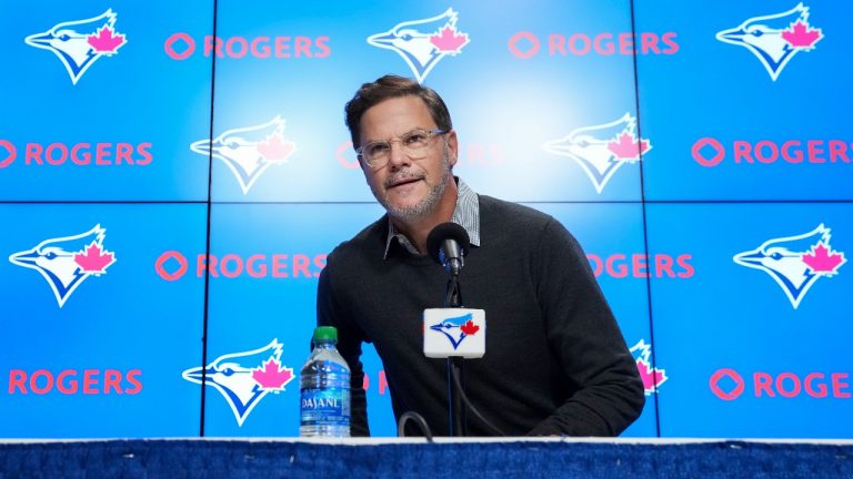 Ross Atkins, Toronto Blue Jays general manager, speaks to the media. (Nathan Denette/CP)