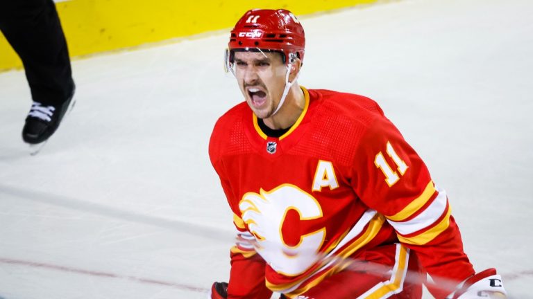 Calgary Flames forward Mikael Backlund celebrates his goal during third period NHL hockey action against the Vegas Golden Knights in Calgary, Tuesday, Oct. 18, 2022. (Jeff McIntosh/THE CANADIAN PRESS)