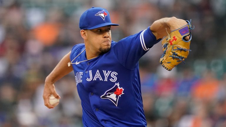 Toronto Blue Jays starting pitcher Jose Berrios throws during the first inning of a baseball game against the Detroit Tigers, Friday, June 10, 2022, in Detroit. (Carlos Osorio/AP)