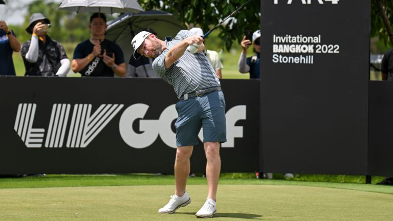 Branden Grace from South Africa tees off on the 14th hole during LIV Golf Invitational Bangkok 2022 at Stonehill Golf Club in Pathum Thani, Thailand Friday, Oct. 7, 2022. (Kittinun Rodsupan/AP)