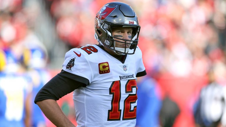 Tampa Bay Buccaneers quarterback Tom Brady (12) reacts after being penalized during the first half of an NFL divisional round playoff football game against the Los Angeles Rams Sunday, Jan. 23, 2022, in Tampa, Fla. (Mark LoMoglio/AP)