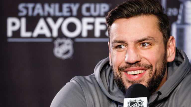 Calgary Flames forward Milan Lucic speaks at a during a media availability in Edmonton, Monday, May 23, 2022. (CP)