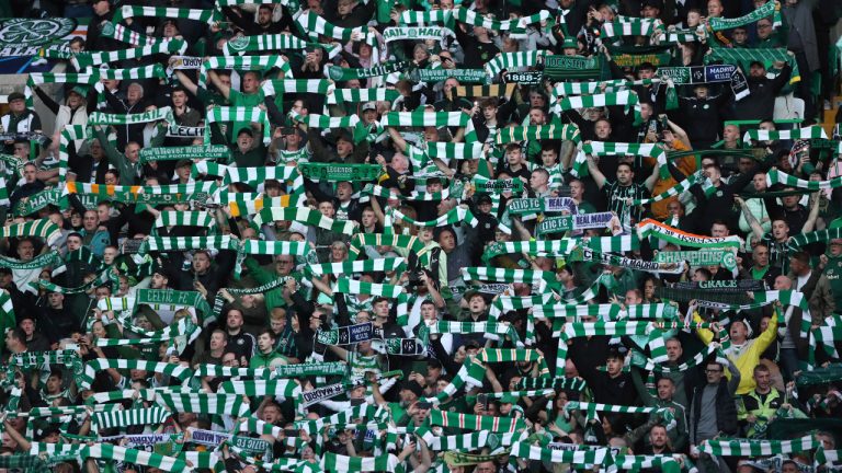 Celtic fans cheer their team ahead the Champions League Group F soccer match between Celtic and Real Madrid at Celtic park, Glasgow, Scotland, Tuesday, Sept. 6, 2022. (AP Photo/Scott Heppell)