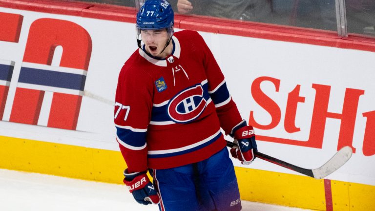 Montreal Canadiens' Kirby Dach celebrates after scoring the wining goal in overtime to defeat the Pittsburgh Penguins 3-2 in NHL hockey action in Montreal on Monday, October 17, 2022. THE CANADIAN PRESS/Paul Chiasson