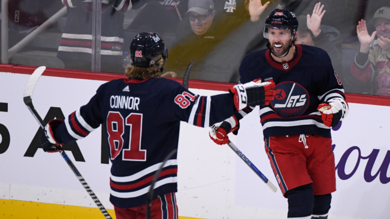 Winnipeg Jets' Sam Gagner (89) celebrates his goal against the St. Louis Blues with teammate Kyle Connor during the third period of NHL action in Winnipeg on Monday October 24, 2022. (CP)