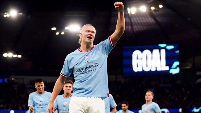 Manchester City's Erling Haaland celebrates after scoring his side's opening goal during the Champions League soccer match between Manchester City and FC Copenhagen at the Etihad stadium in Manchester, England, Wednesday, Oct. 5, 2022. (Nick Potts/PA via AP)