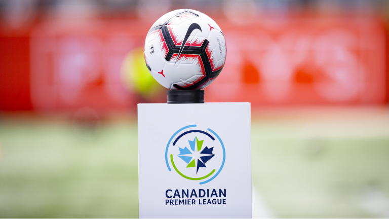 The game ball sits on a pedestal ahead of the inaugural soccer match of the Canadian Premier League between Forge FC of Hamilton and York 9 in Hamilton, Ont. Saturday, April 27, 2019. (Aaron Lynett/CP)