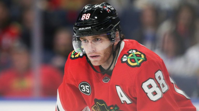 Chicago Blackhawks right wing Patrick Kane (88) waits for a faceoff during the second period of the team's NHL hockey game against the Buffalo Sabres on Friday, April 29, 2022, in Buffalo, N.Y. (Joshua Bessex/AP)