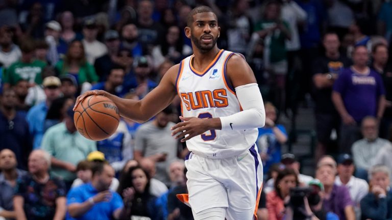 Phoenix Suns guard Chris Paul (3) moves the ball up court against the Dallas Mavericks during the first half of Game 6 of an NBA basketball second-round playoff series, Thursday, May 12, 2022, in Dallas. (Tony Gutierrez/AP)