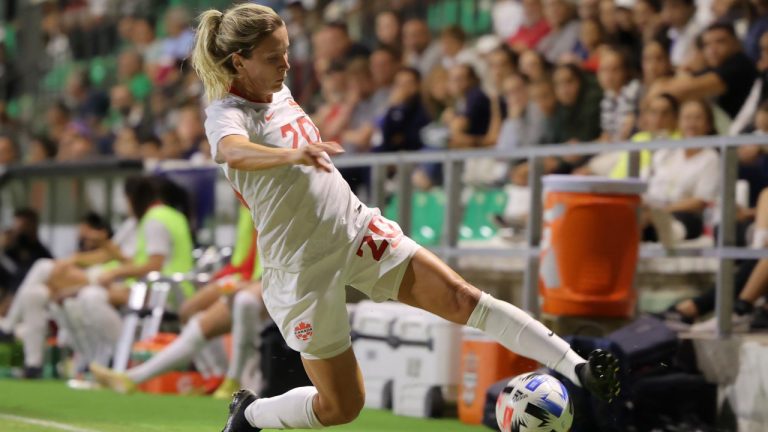 Canada's Cloe Lacasse controls the ball during a women's international friendly soccer match between Canada and Argentina in Sanlucar de Barrameda, Spain, Thursday, Oct. 6, 2022. (Juan Carlos Toro del Rio/AP)