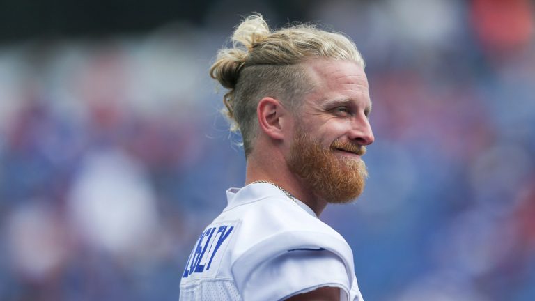 Cole Beasley (11) smiles during practice at NFL football training camp in Orchard Park, N.Y., on Saturday, July 31, 2021. (Joshua Bessex/AP)