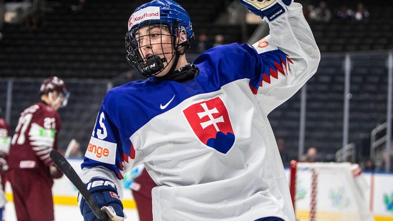 Slovakia's Dalibor Dvorsky (15) celebrates a goal against Latvia during second period IIHF World Junior Hockey Championship action in Edmonton on Friday August 12, 2022. THE CANADIAN PRESS/Jason Franson