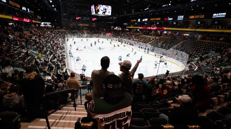 Fans watch players as they warm up prior to the Arizona Coyotes NHL home opening hockey game against the Winnipeg Jets at the 5,000 seat Mullett Arena in Tempe, Ariz., Friday, Oct. 28, 2022. (Ross D. Franklin/AP)