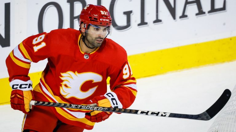 Calgary Flames centre Nazem Kadri skates during first period NHL preseason hockey action against the Edmonton Oilers in Calgary, Wednesday, Sept. 28, 2022. (Jeff McIntosh/CP)