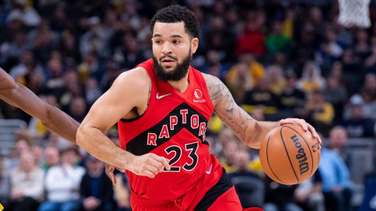 Toronto Raptors guard Fred VanVleet (23) drives the ball into the lane during the first half of an NBA basketball game against the Indiana Pacers in Indianapolis, Friday, Nov. 26, 2021. (Doug McSchooler/AP)