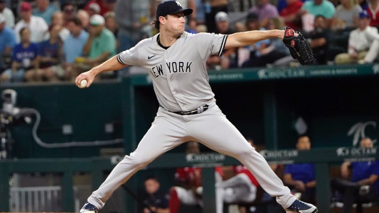 New York Yankees starting pitcher Gerrit Cole throws during third inning in the second baseball game of a doubleheader against the Texas Rangers in Arlington, Texas, Tuesday, Oct. 4, 2022. (LM Otero/AP)