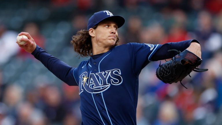 Tampa Bay Rays starting pitcher Tyler Glasnow delivers against the Cleveland Guardians during the first inning of a baseball game, Wednesday, Sept. 28, 2022, in Cleveland. (Ron Schwane/AP)