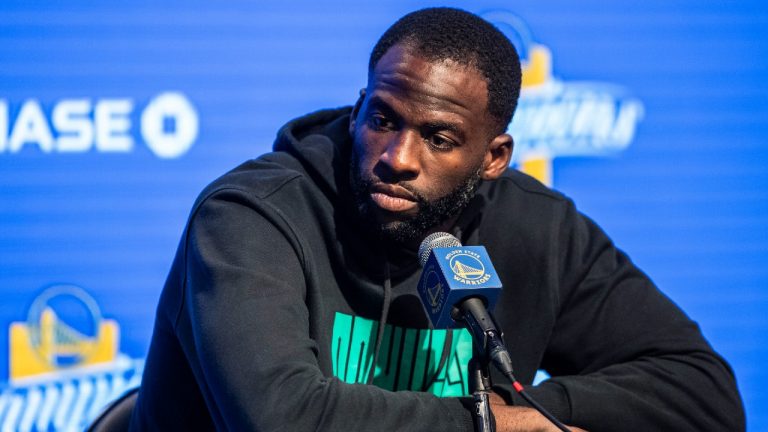 Golden State Warriors' Draymond Green speaks to members of the media after the NBA basketball team's practice Thursday, Oct. 13, 2022, in San Francisco. (Stephen Lam/San Francisco Chronicle via AP)