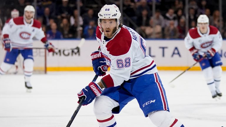 Montreal Canadiens center Mike Hoffman (68) looks to pass during the third period of an NHL hockey game against the New York Rangers, Wednesday, April 27, 2022, in New York. (John Minchillo/AP)