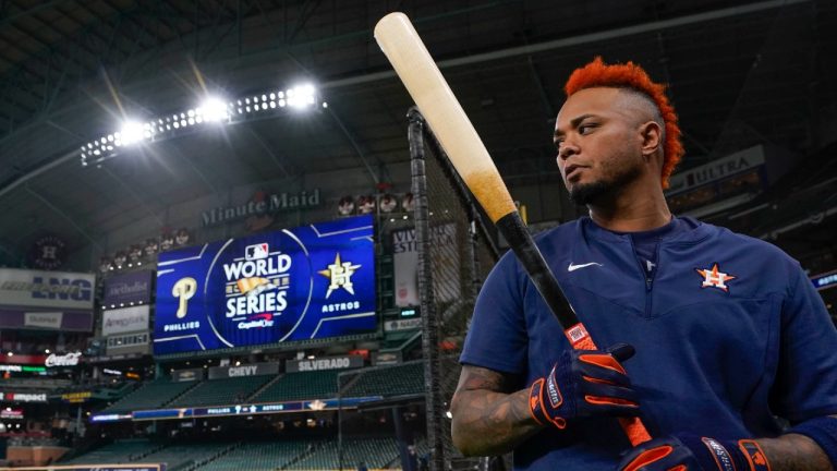 Houston Astros catcher Martin Maldonado watches during batting practice before Game 1 of baseball's World Series between the Houston Astros and the Philadelphia Phillies on Friday, Oct. 28, 2022, in Houston. (David J. Phillip/AP)