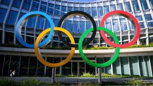 Olympic Rings are pictured in front of The Olympic House, headquarters of the International Olympic Committee (IOC). (Laurent Gillieron/Pool via AP)