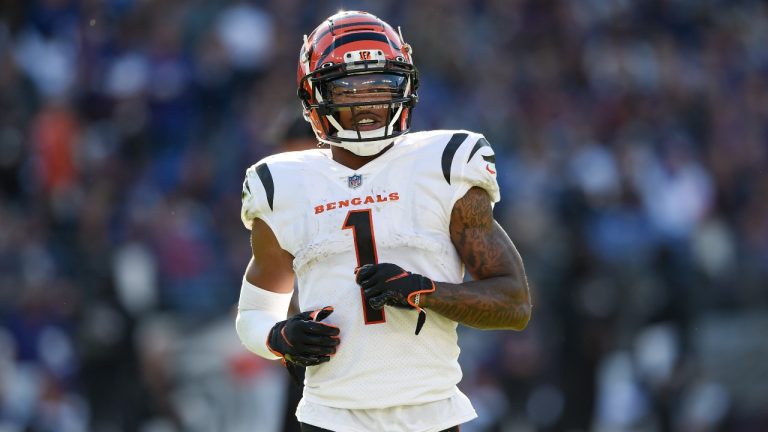 Cincinnati Bengals wide receiver Ja'Marr Chase lines up against the Baltimore Ravens during the second half of an NFL football game, Sunday, Oct. 24, 2021, in Baltimore. (AP Photo/Gail Burton)