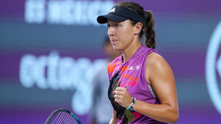 Jessica Pegula, of the United States, reacts during the WTA tennis tournament final match against Maria Sakkari, of Greece, in Guadalajara, Mexico, Sunday, Oct. 23, 2022. (Refugio Ruiz/AP)