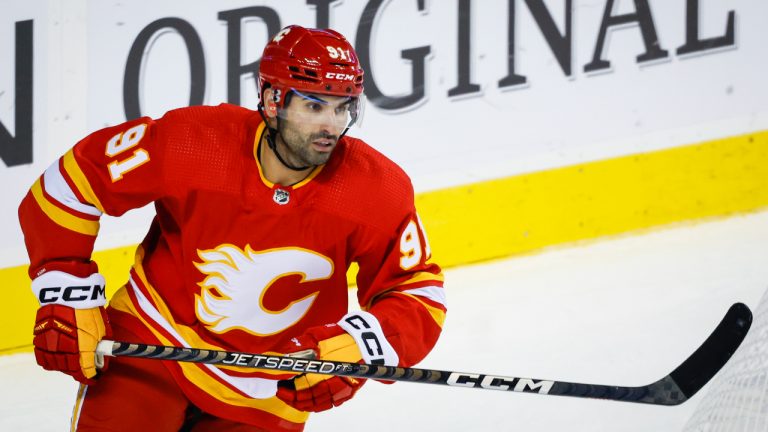 Calgary Flames centre Nazem Kadri skates during first period NHL preseason hockey action against the Edmonton Oilers in Calgary, Wednesday, Sept. 28, 2022. (Jeff McIntosh/CP)