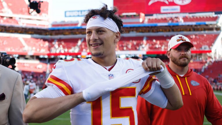 Kansas City Chiefs quarterback Patrick Mahomes (15) smiles after the Chiefs defeated the San Francisco 49ers in an NFL football game in Santa Clara, Calif., Sunday, Oct. 23, 2022. (Jed Jacobsohn/AP)