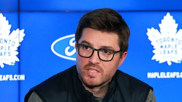 Toronto Maple Leafs general manager Kyle Dubas speaks to the media after being eliminated in the first round of the NHL Stanley Cup playoffs during a press conference in Toronto on Tuesday, May 17, 2022. (Nathan Denette/CP)