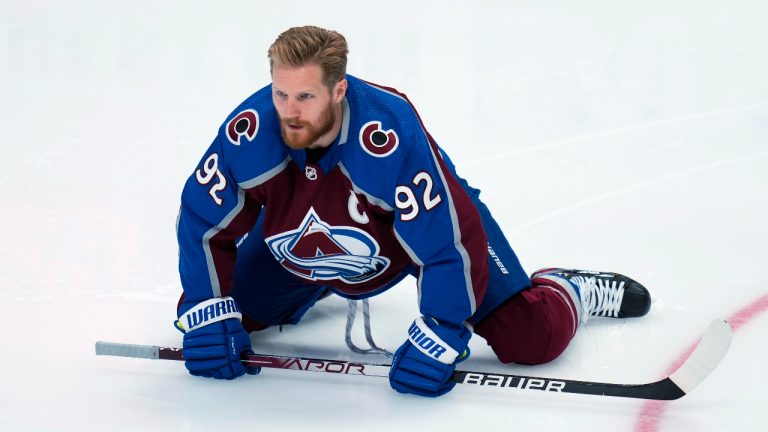 Colorado Avalanche left wing Gabriel Landeskog stretches before Game 2 of the team's NHL hockey Stanley Cup playoffs Western Conference finals against the Edmonton Oilers on Thursday, June 2, 2022, in Denver. (Jack Dempsey/AP)