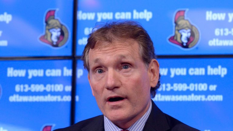 Ottawa Senators team president Cyril Leeder addresses a news conference in Ottawa, Thursday, May 14, 2015. Senators owner Eugene Melnyk urgently needs a liver transplant and the NHL club has put out a call for a potential "live donor." (Adrian Wyd/THE CANADIAN PRESS)