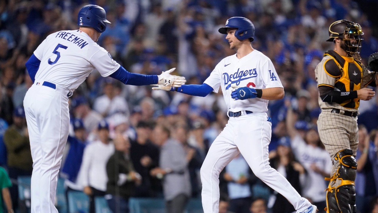 Los Angeles Dodgers second baseman Trea Turner looks on during the