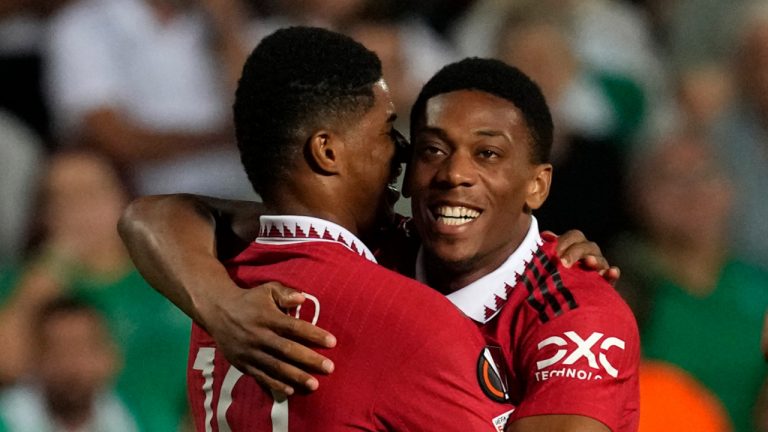 Manchester United's Anthony Martial, right, celebrates after scoring his side's second goal with his teammate Marcus Rashford during the Europa League group E soccer match between Omonia and Manchester United at GSP stadium in Nicosia, Cyprus, Thursday, Oct. 6, 2022. (Petros Karadjias/AP) 