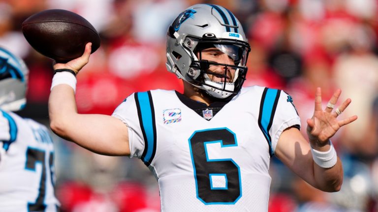 Carolina Panthers quarterback Baker Mayfield passes against the San Francisco 49ers during the first half an NFL football game on Sunday, Oct. 9, 2022, in Charlotte, N.C. (Jacob Kupferman/AP)