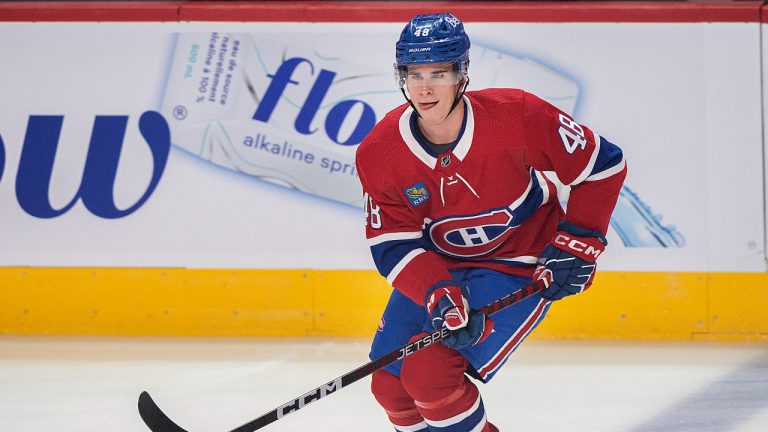 Montreal Canadiens' Filip Mesar skates prior to preseason NHL hockey game against the New Jersey Devils in Montreal on Monday September 26, 2022. (Graham Hughes/CP)