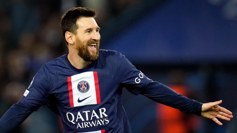 PSG's Lionel Messi celebrates after scoring his side's fourth goal during the Champions League Group H soccer match between Paris Saint Germain and Maccabi Haifa. (Christophe Ena/AP)