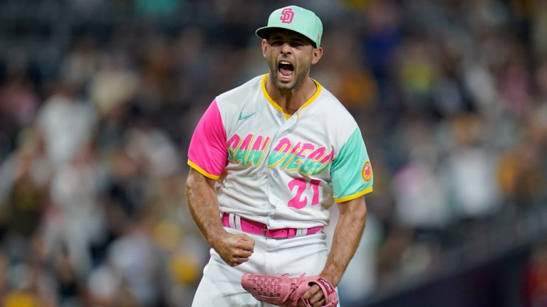 San Diego Padres relief pitcher Nick Martinez reacts after the third out during the eighth inning of a baseball game against the Chicago White Sox, Saturday, Oct. 1, 2022, in San Diego. (Gregory Bull/AP)