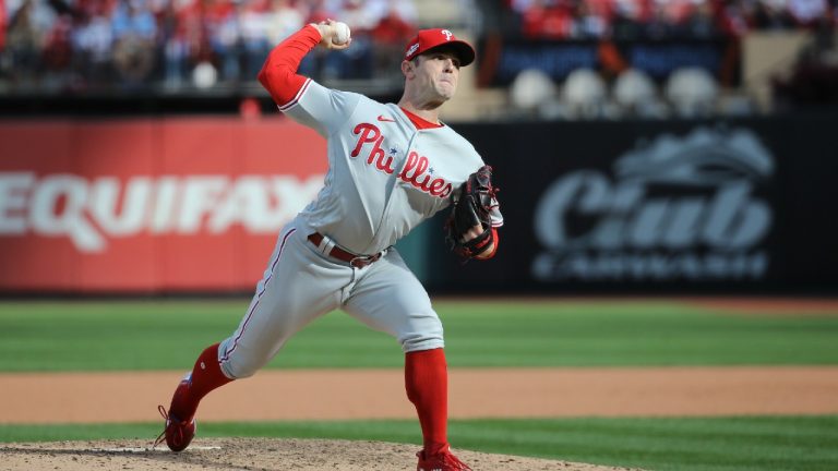 Philadelphia Phillies' David Robertson throws during the eighth inning in Game 1 of a National League wild-card baseball playoff series against the St. Louis Cardinals, Friday, Oct. 7, 2022, in St. Louis. (Scott Kane/AP)