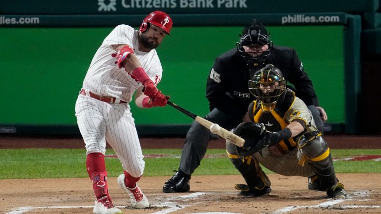 Philadelphia Phillies' Kyle Schwarber hits home run during the first inning in Game 3 of the baseball NL Championship Series between the San Diego Padres and the Philadelphia Phillies. (Matt Rourke/AP)